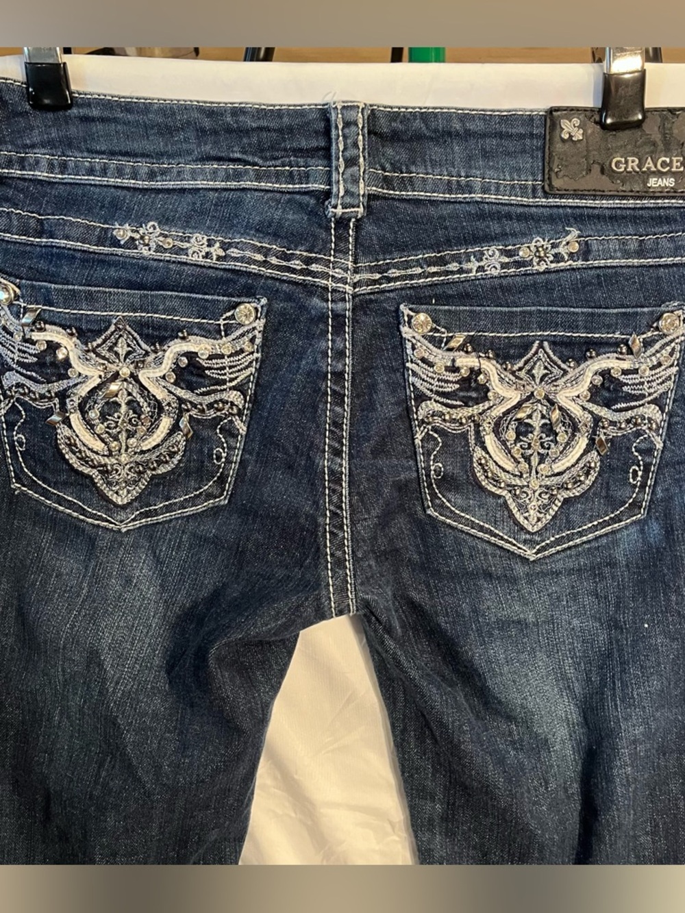 Grace In La Rhinestone Embroidered Dark Wash Jean Straight Leg Stretch Womens 28